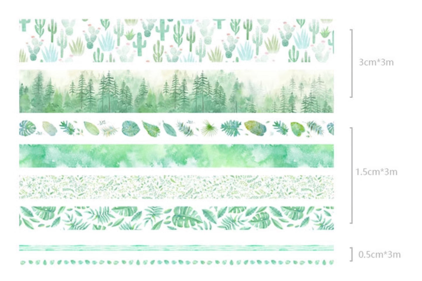 Set of 8 Green decorative paper tape for crafts, watercolour style