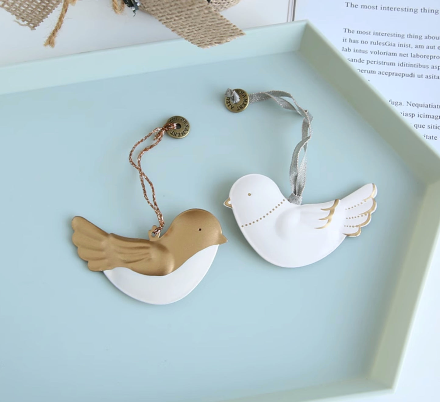 Vintage style hand-painted metallic Christmas Decoration, White and Gold small set 7pcs, 7cm