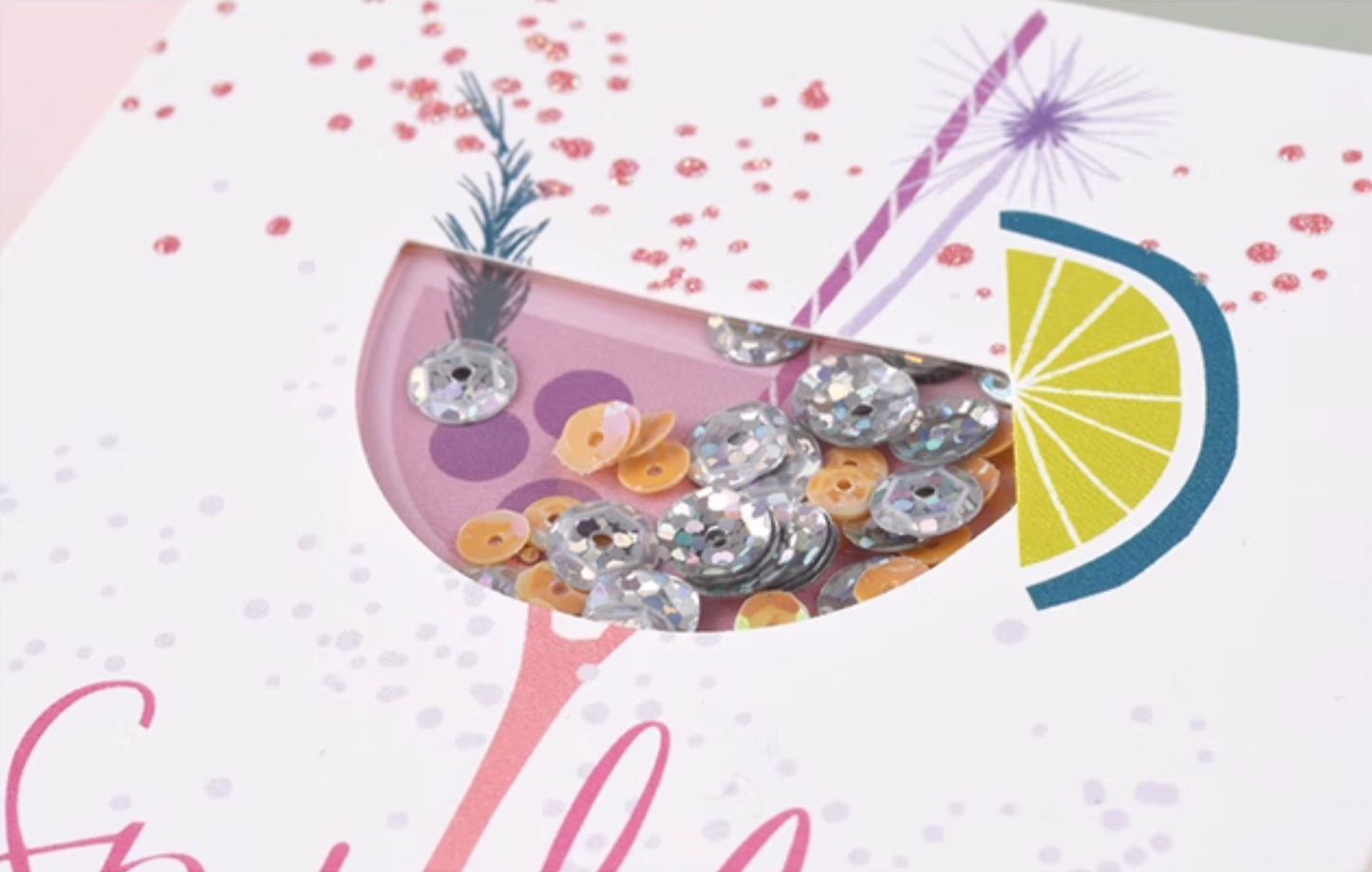 Sparkly cocktail Birthday Card with sequins, Medium, set of 5pcs