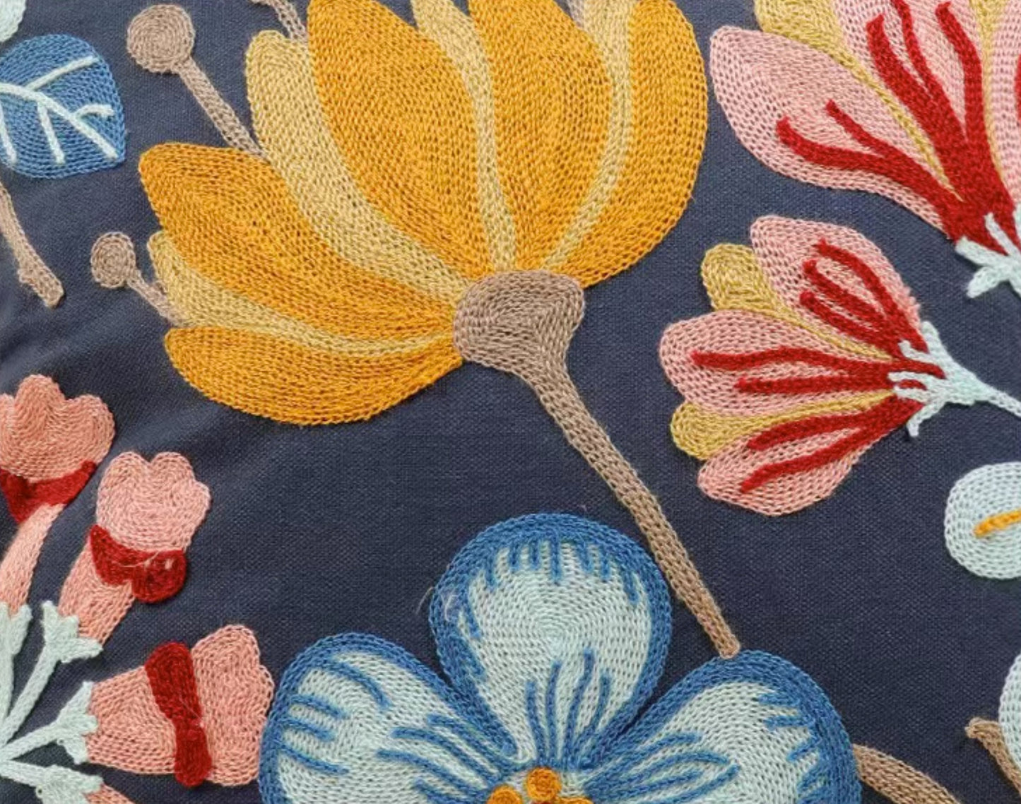 Pink and yellow flowers embroidered Cushion cover, grey base, 45cm