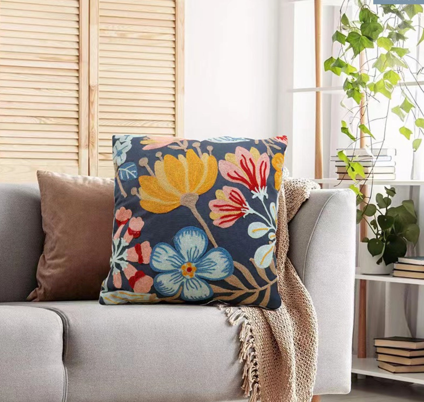 Pink and yellow flowers embroidered Cushion cover, grey base, 45cm