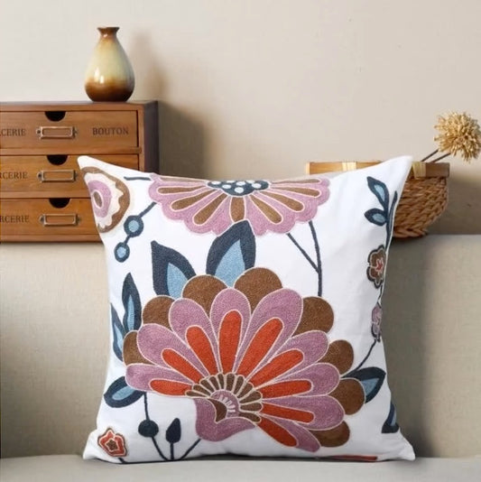 Pink flowers multicoloured embroidered Cushion cover, 45cm