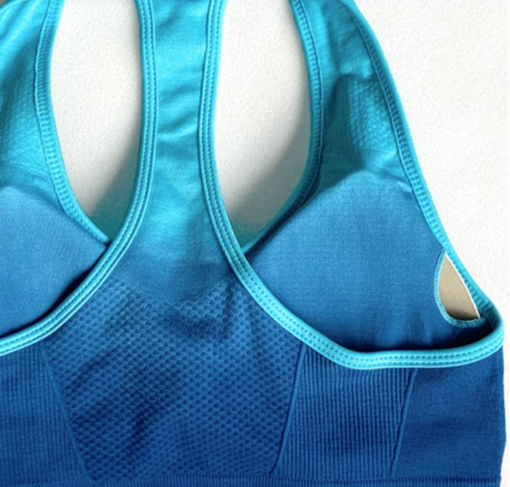 Yoga high waist pants and T-shape sports bra set, turquoise blue ombre