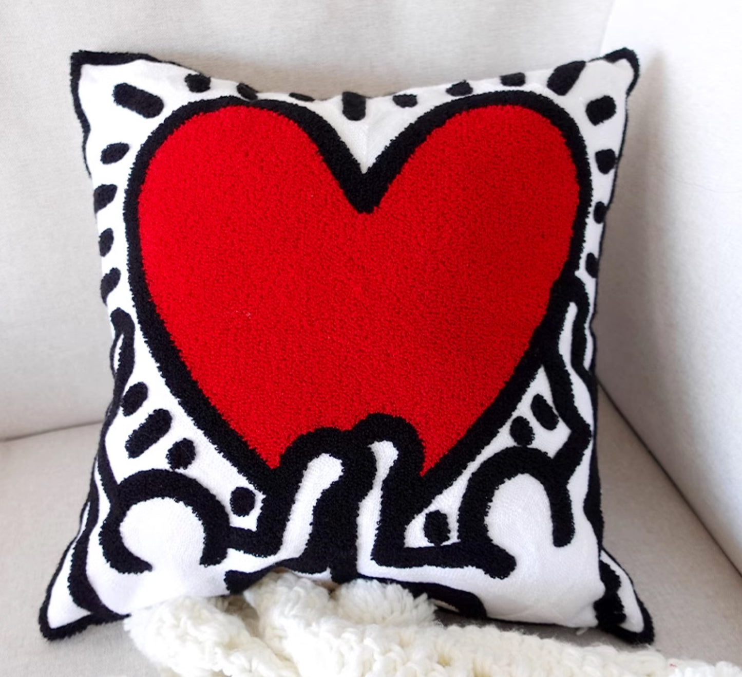 Pop Heart embroidered Cushion cover, Red and white, 45cm