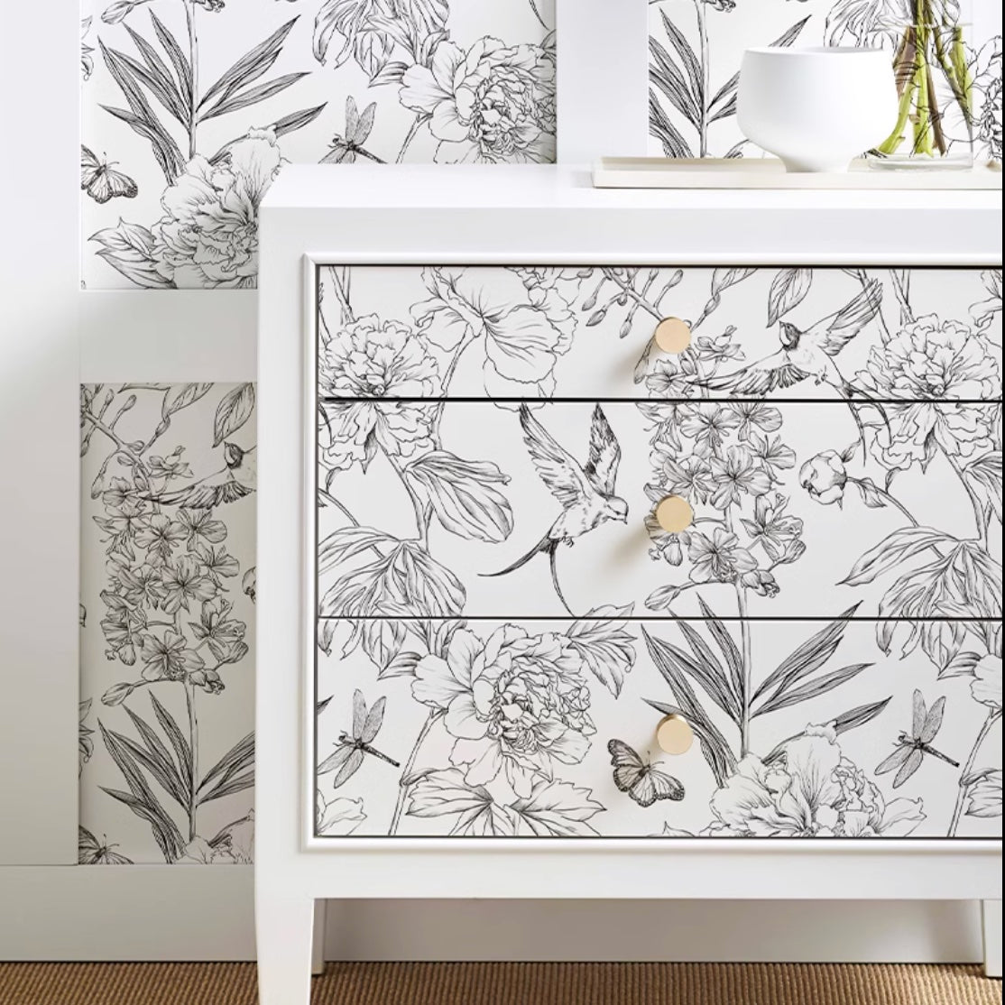 Flowers and birds Peel and stick, wall & furnitures sticker, black and white, 150 cm