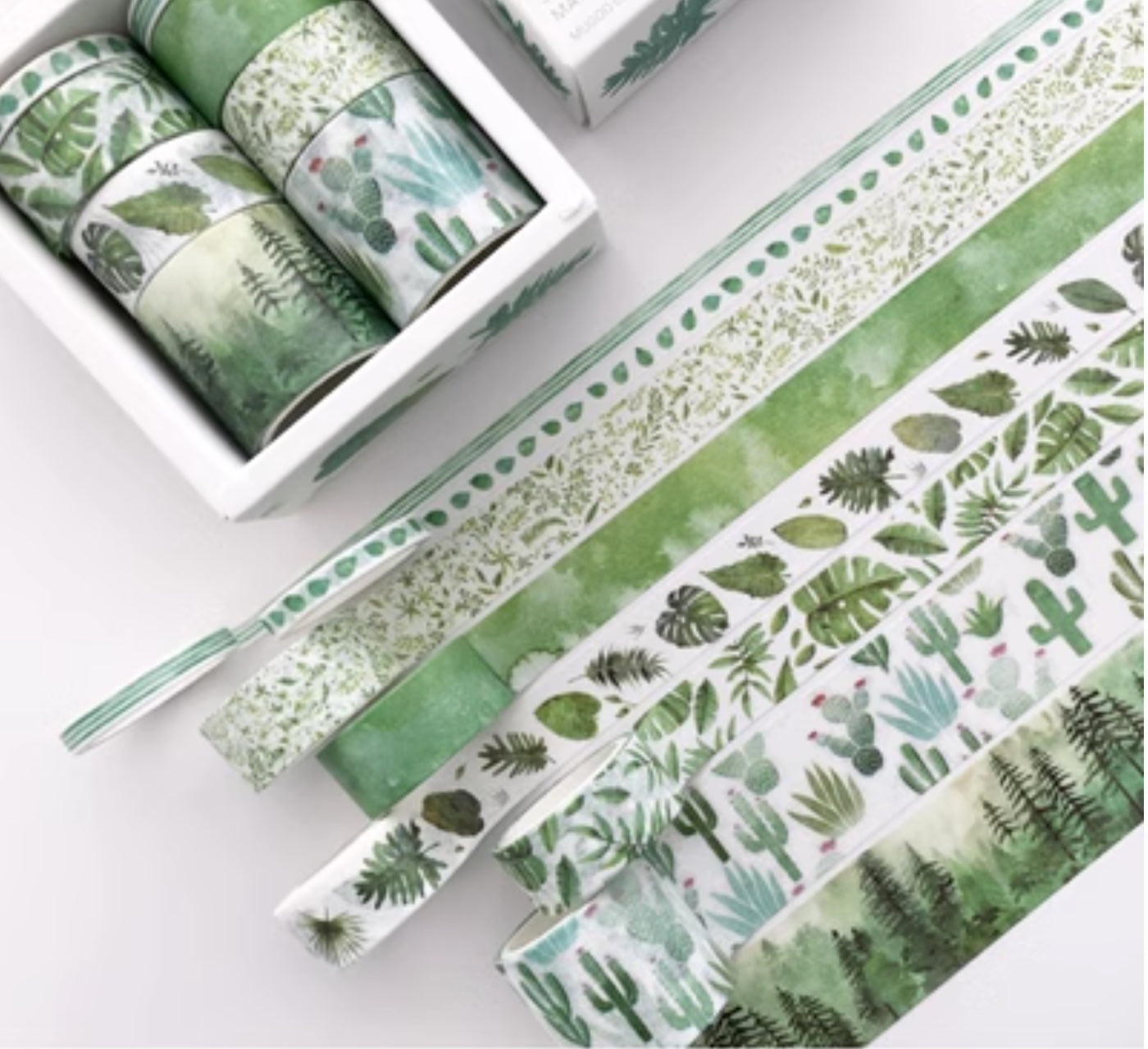 Set of 8 Green decorative paper tape for crafts, watercolour style