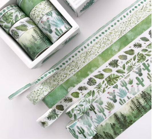 Set of 8 Green decorative paper tape for crafts, watercolour style