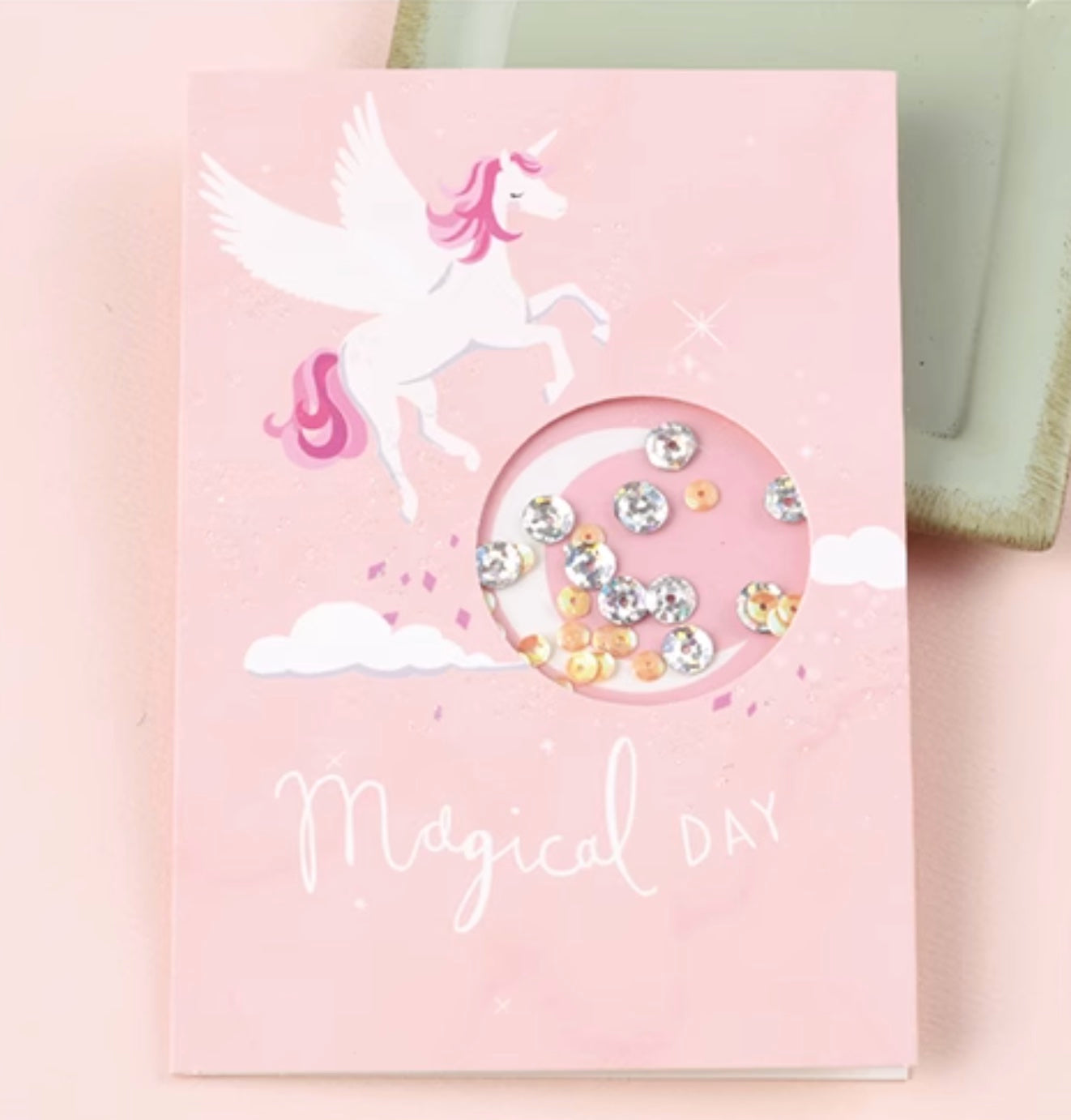 Unicorn sparkly Birthday Card, pink with sequins, Medium, set of 5pcs