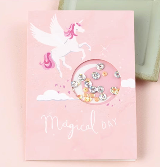 Unicorn sparkly Birthday Card, pink with sequins, Medium, set of 5pcs