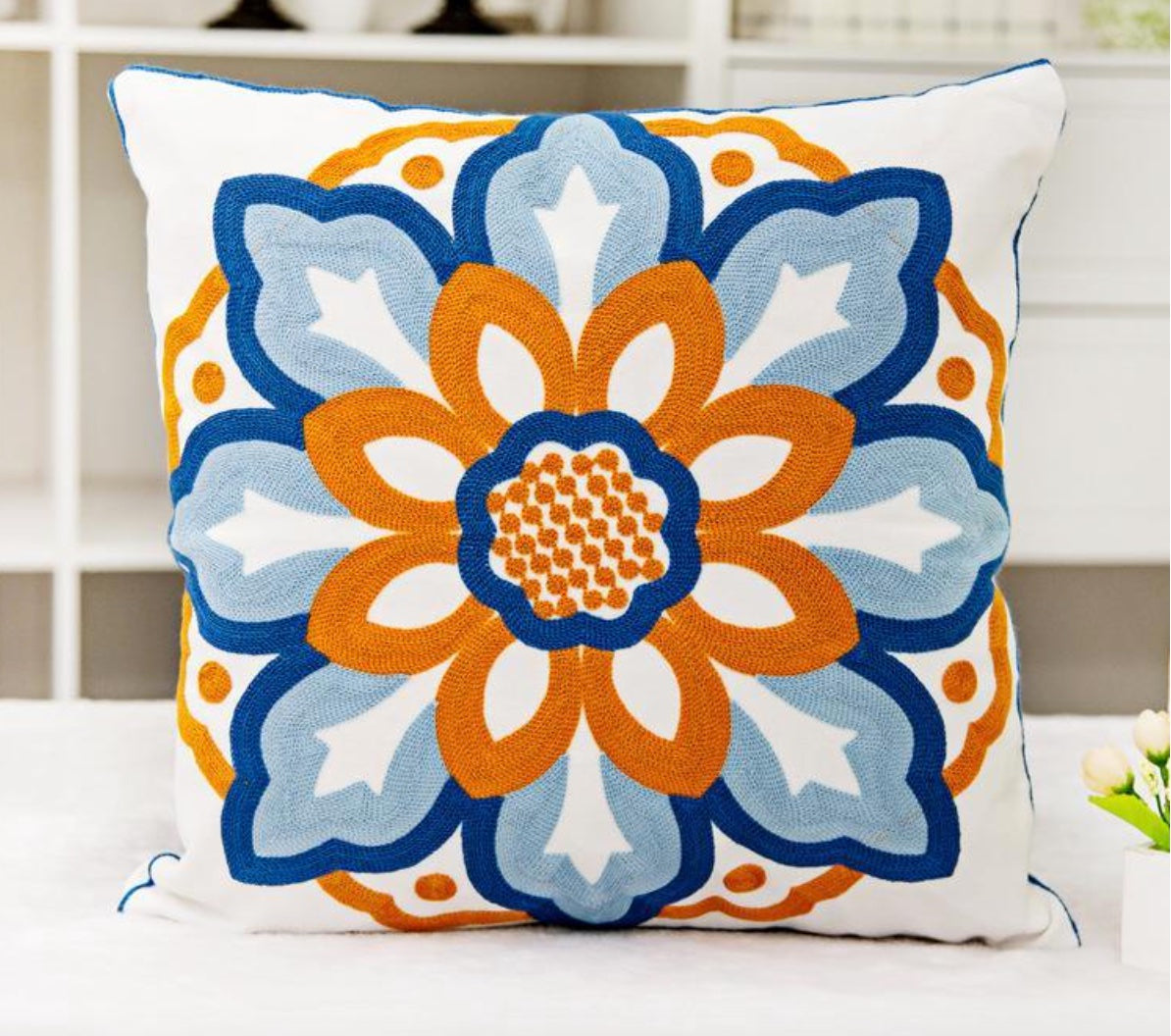 Southern folk sunflower orange and blue, embroidered Cushion cover, 45cm
