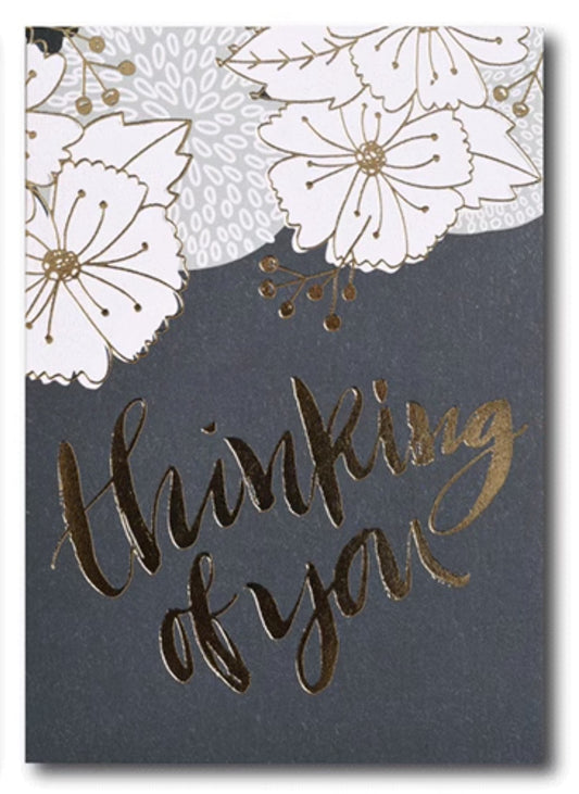 Golden embossed 'Thinking of You' Card, white flowers, set of 5pcs