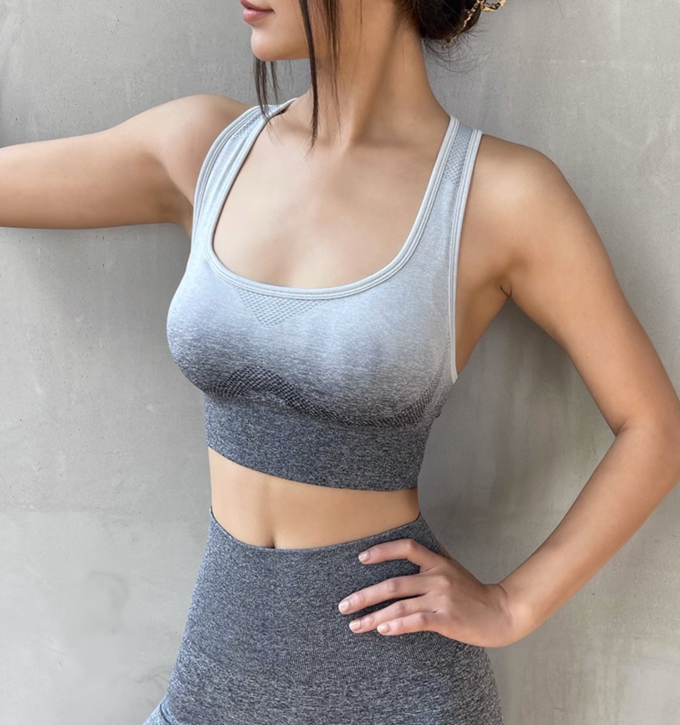 Yoga high waist pants and Y-shape sports bra set, grey ombre