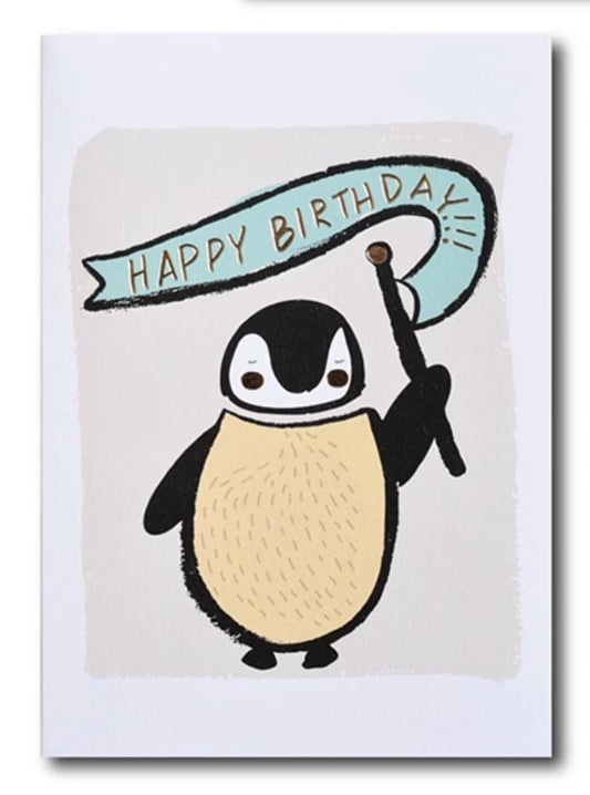 Golden embossed Birthday Card, penguin, Small, set of 5pcs