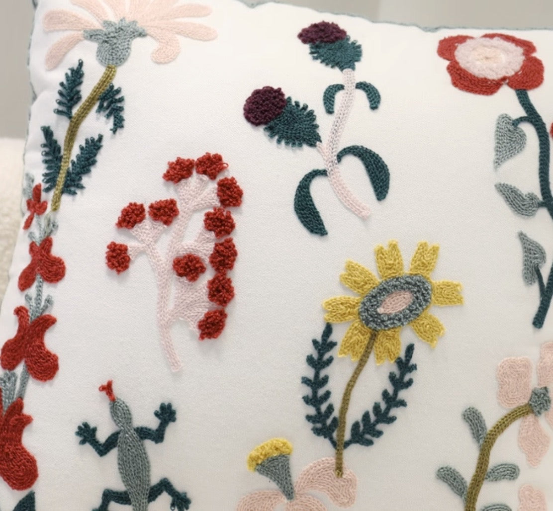 Multicoloured embroidered Cushion cover, wild red flowers, 45cm