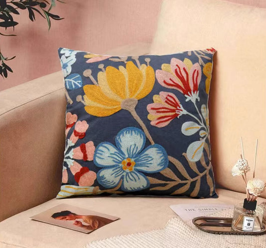 Pink and yellow flowers embroidered Cushion cover, grey base, 45cm