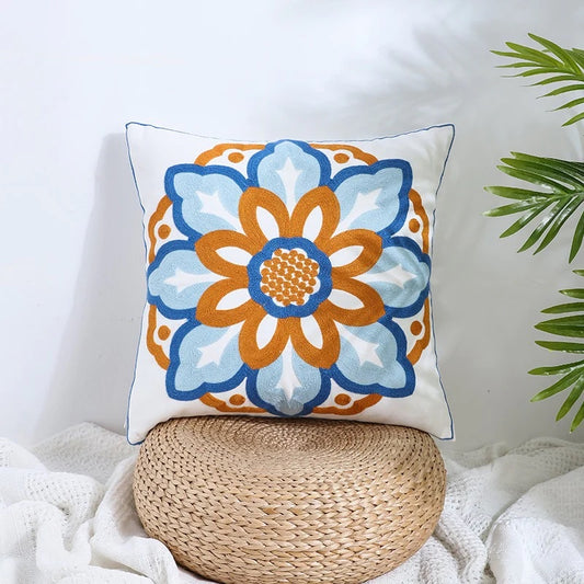 Southern folk sunflower orange and blue, embroidered Cushion cover, 45cm
