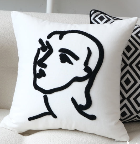 Woman drawing embroidered Cushion cover, black and white, 45cm