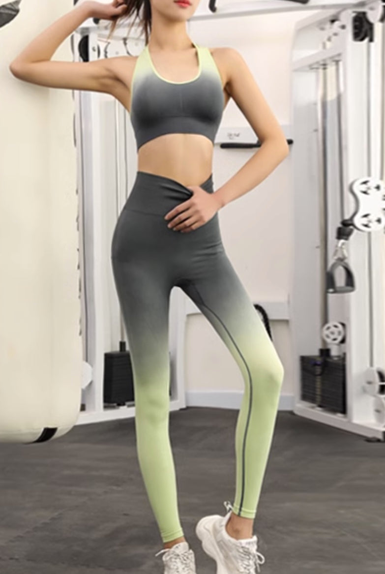 Yoga high waist pants and T-shape sports bra set, yellow and grey ombre
