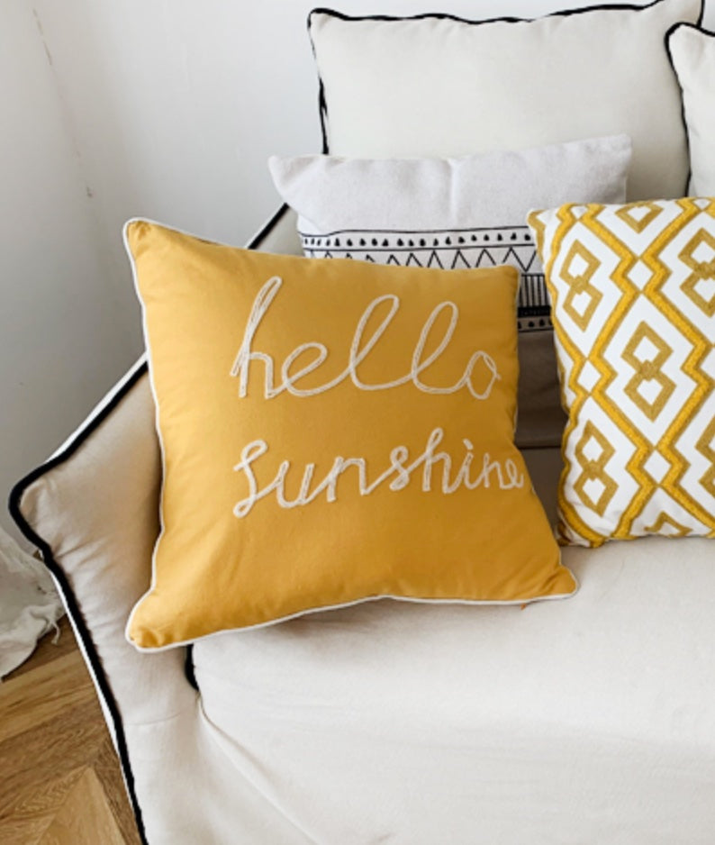 Hello Sunshine embroidered Cushion cover, Yellow, 45cm