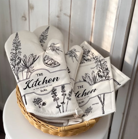 Kitchen retro countryside set (gloves, potholder & towel) white with black floral prints