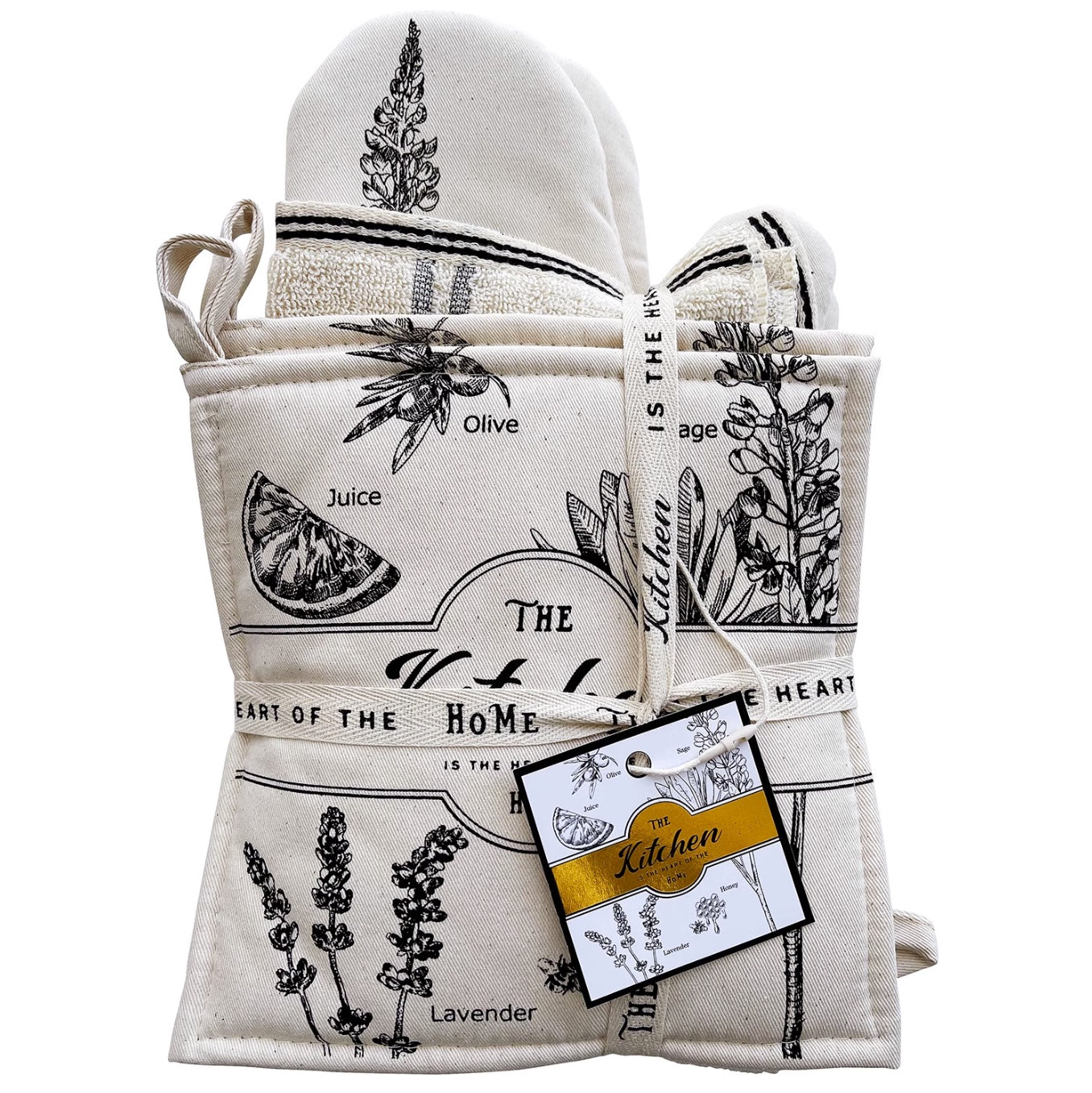 Kitchen retro countryside set (gloves, potholder & towel) white with black floral prints