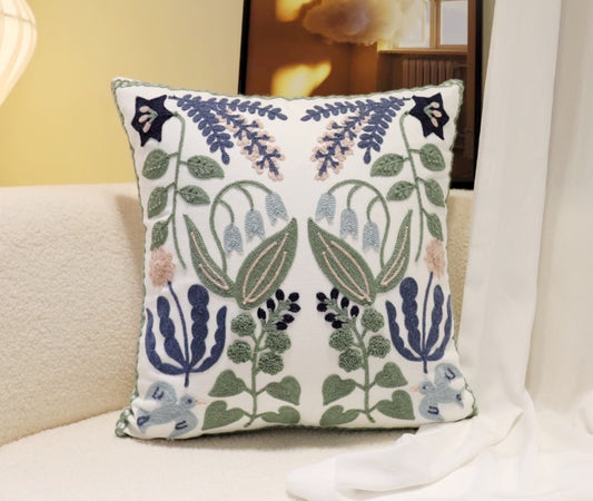 Multicoloured embroidered Cushion cover, wild blue flowers, 45cm