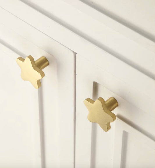 Cabinet knob, star shape, light gold colour metal, mat finish, 1 piece
