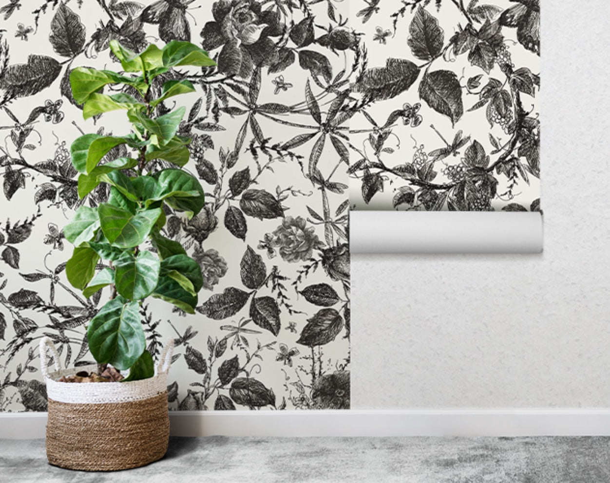 Flowers and butterfly Peel and stick, wall & furnitures sticker, black and white, 150 cm