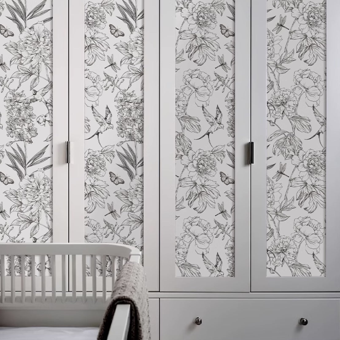 Flowers and birds Peel and stick, wall & furnitures sticker, black and white, 150 cm